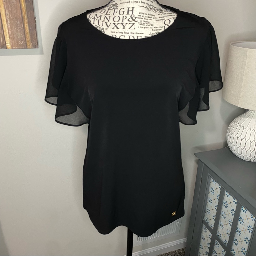 685 Calvin Klein Black Flutter Sleeve Blouse Chiffon Flowy Ruffle Top Gold Logo